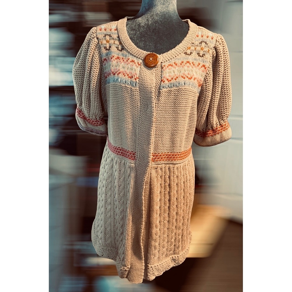 Vintage Caslon Fair Isle Y2K Cardigan Sweater Knit Puff Sleeve Tan Size 1X
